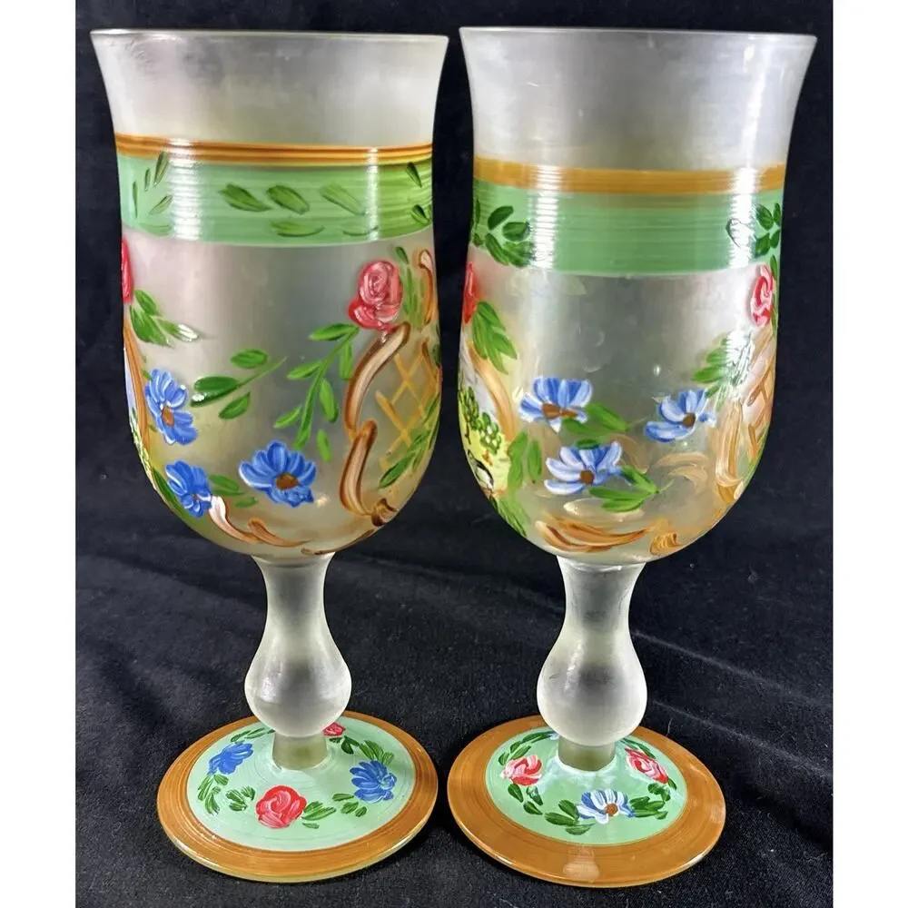 Vintage Hand Painted Frosted Glass Goblets Shepherd Scene Roses Floral 7.5”